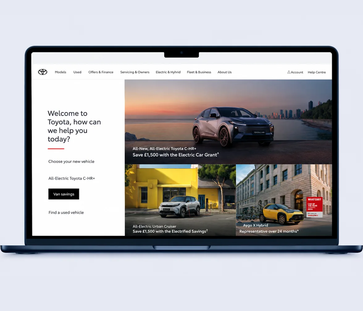 Page d'accueil du site Toyota UK, front-end conçu et développé par Aura Production